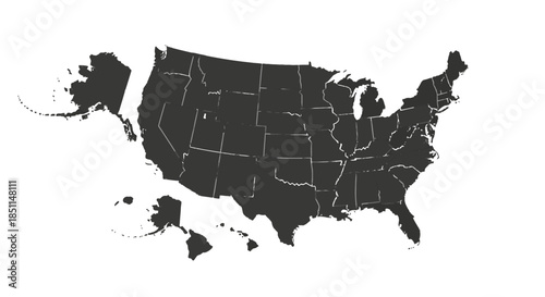 Dark grey map of the United States of America with all states outlined, including Alaska and Hawaii, on a white background.