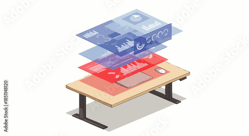 Isometric illustration of a desk with a computer, featuring transparent information layers, symbolizing advanced analytics and business intelligence processing.