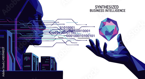 Digital brain processes complex data streams, symbolizing artificial intelligence and future business insights.