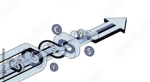 Abstract illustration of global currency exchange and financial growth represented by a chain mechanism and upward arrow.