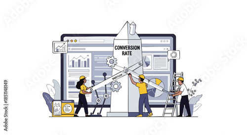 Team of professionals launching a rocket symbolizing business growth and increased conversion rates on a digital platform.