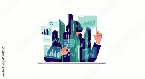 Businessman wearing VR headset interacting with futuristic digital city data and charts on a tablet screen.