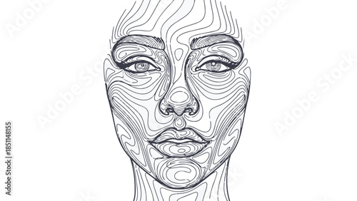 Abstract Contour Line Art Illustration of Woman's Face on White Background