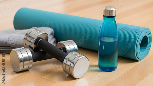 Fitness Equipment for Home Workout - Blue Yoga Mat with Dumbbells and Water Bottle on Wooden Floor - Professional Gym Gear for Exercise, Strength Training, Wellness, and Healthy Lifestyle Routine
