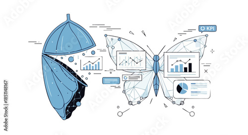 Abstract butterfly illustration symbolizing data analysis, scientific research, and technological innovation with charts and graphs.
