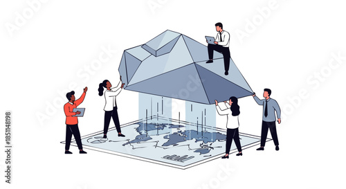 Diverse team collaborates to build and analyze a digital cloud infrastructure over a world map.