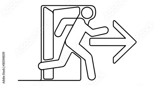 A minimalist continuous line illustration of a person running through a doorway with an arrow pointing right, commonly recognized as an emergency exit sign.