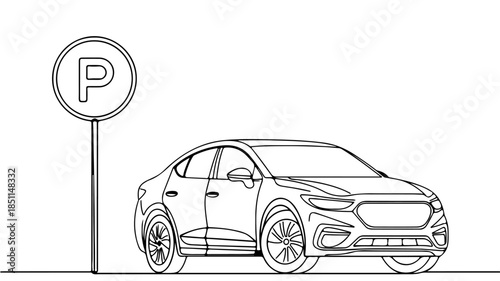An outline drawing of an automobile utilizing green energy technology at a public EV charger point.