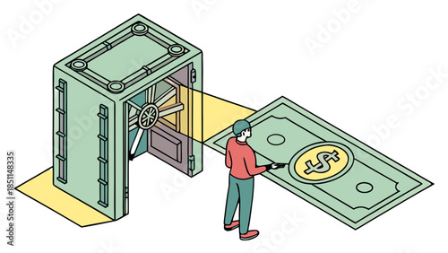 Fintech Fraud Review, Isometric bank vault, AI scanner flagging a dollar bill, human teller examining it with UV light, vector