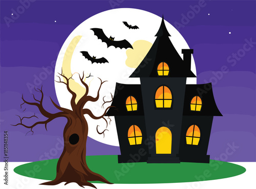 Spooky Halloween Haunted House Silhouette with Glowing Windows Under a Full Moon Featuring Bats and a Gnarled Bare Tree.