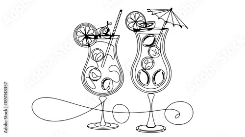 An outline sketch depicting summer drinks or a beach bar concept, suitable for menu design or party invitations.