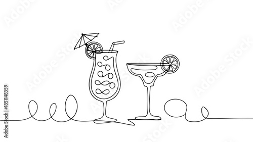 A black and white minimalist vector graphic of alcoholic beverages in a coupe-style glass and a taller hurricane glass, connected by a single flowing line.