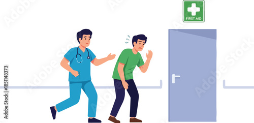 Doctor helping a patient in distress towards an emergency room door in a hospital corridor.