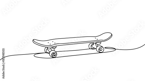 A minimalist continuous line drawing of an old retro skateboard with its trucks and wheels visible.