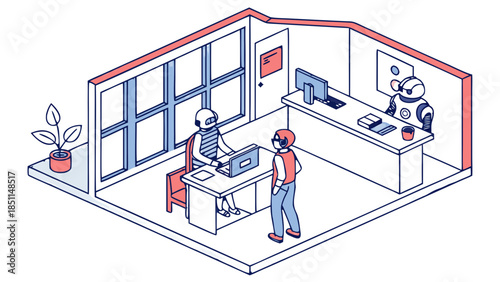 The Hybrid Office: Isometric cross-section of an office, half the workers are humans, half are robot assistants (non-humanoid), working in harmony, vector, Isometric human and robot collaboration 