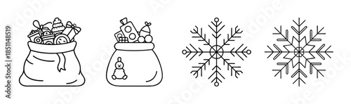 Black and white line art set of christmas gift sacks and winter snowflakes