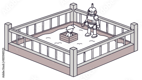 Secure Sandbox, A child's sandbox metaphor containing a robot playing safely, surrounded by a fence, vector, AI safety concept with robot supervising child in sandbox illustration