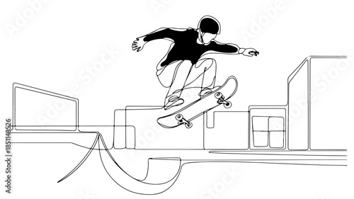 An illustration of a young skateboarder in mid-air, performing an aerial trick such as an Ollie, against an urban landscape background with geometric structures.