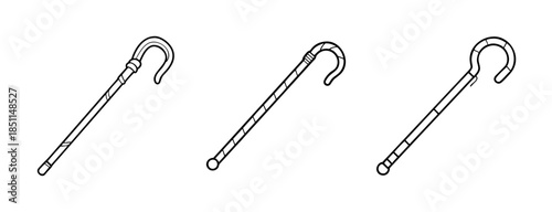 Three minimalist line art icons showing different designs of curved walking sticks or canes