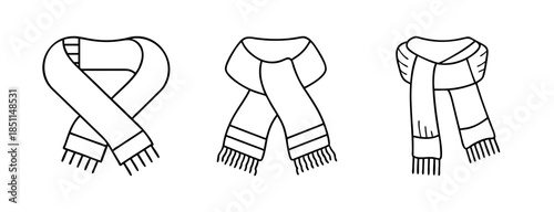 Line art illustration of three different winter scarf styles
