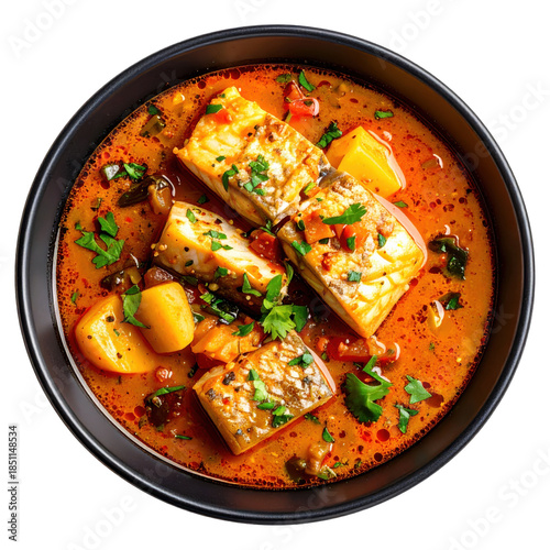 Chilean caldillo de congrio a traditional fish soup made with conger eel tomatoes and potatoes served in a bowl and isolated on white background