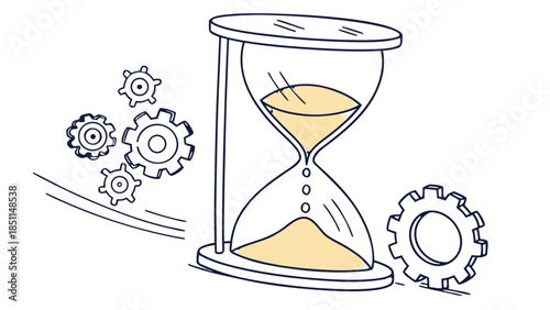 The Bottleneck, An hourglass where the sand is data, but the neck is a human ring, regulating the flow, metaphor for oversight, Time management concept with hourglass and gears illustration