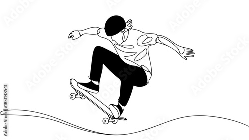 A black and white line art vector of a person executing a jump on a skateboard in a skatepark setting.