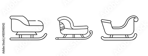Hand drawn Santa sleigh icons set - Simple black line illustrations of Santa Claus sleighs in different shapes, representing Christmas delivery, holiday magic, and festive winter traditions.
