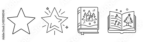 Hand drawn Christmas star and book icons - Minimal black line illustrations of stars and winter storybook scenes, combining festive magic, imagination, and cozy Christmas storytelling concepts.
