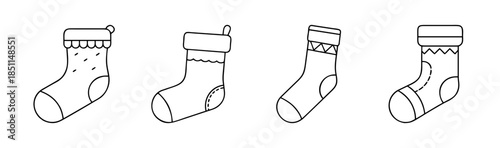 Hand drawn Christmas stocking icons set - Simple black line illustrations of hanging Christmas stockings in different patterns, ideal for holiday decoration, festive design, and seasonal concepts.
