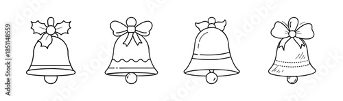 Simple black and white line art collection featuring four festive christmas bells