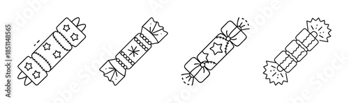 A collection of four black and white line art illustrations of festive christmas crackers