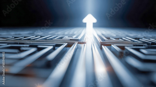 Illuminated arrow cutting through maze representing clear direction and breakthrough solution amid complex challenges and obstacles in blue-toned environment