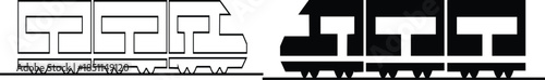 Black train icon set in flat and line style railway locomotive and freight transport silhouette collection featuring passenger and cargo rail graphic group, minimal monochrome vector illustration pack