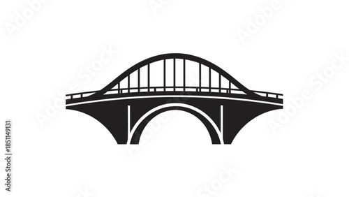 Black silhouette of a classic arched bridge with railings.