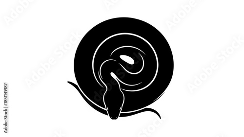 Black silhouette of a coiled snake with its head emerging from the center.