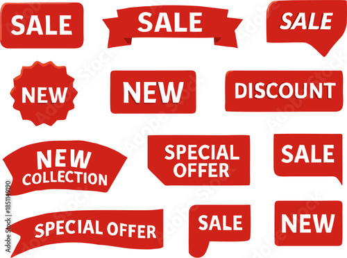 44.epsRealistic red sale label vector set with discount ribbons, new collection banners, price tags, special offer stickers, and promotional badges for ecommerce and business marketing.