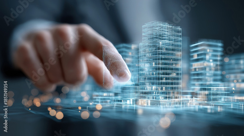 Hand engaging with virtual reality building hologram highlighting modern real estate investment