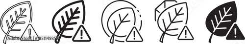 Environmental Warning Icon Set Featuring Plant Leaf with Caution Triangle for Pesticide Awareness Chemical Pollution and Nature Protection Concept