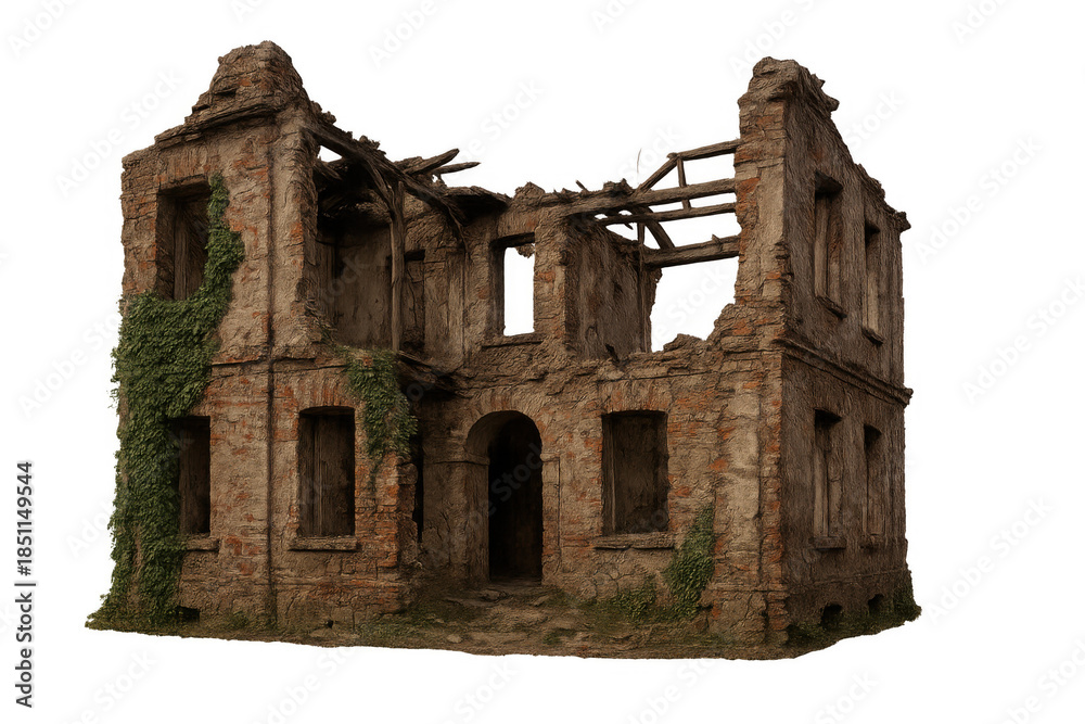 Fototapeta premium Abandoned old brick house ruins displaying severe decay and destruction with overgrown ivy, transparent background