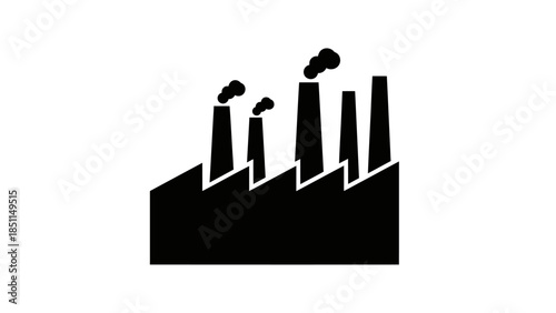 Black silhouette of a factory with smoke coming out of chimneys.