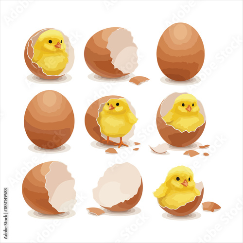 Chick Hatching from Eggs Sequence Illustration