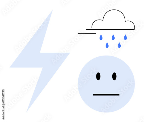 Emotional stress, depression, mental health, weather mood, anxiety, psychological state. Expressionless face with storm cloud and lightning bolt. Emotional stress and depression concept