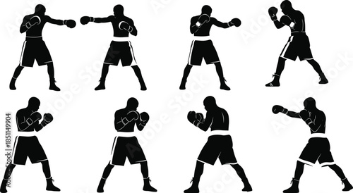 Boxer silhouette poses, boxing stance illustration, athletic movement vector, combat training design, sports action clipart, martial arts posture, cad drawing flat vector illustration