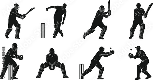 Cricket player silhouette, batsman, bowler, wicketkeeper, fielder, sports action pose, black vector, flat style, cad drawing, isolated illustration, SVG art