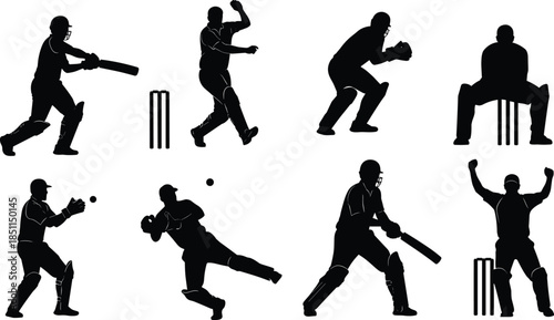Cricket, silhouette, player, action, batting, bowling, fielding, catching, wicketkeeping, stumps, sport, motion, pose, celebration, cad drawing flat vector illustration
