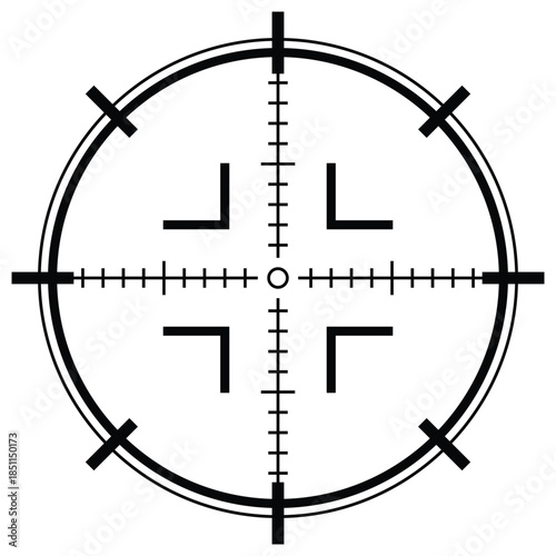 Circular target reticle with corner focus marks, precise alignment and control symbol for optics displays, analytics dashboards and interface design