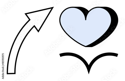 Growth, positivity, relationships, self-improvement, love, motivation. A blue heart, an upward arrow and a curved line evoke ideas of upward growth and positivity. Concepts of self-improvement