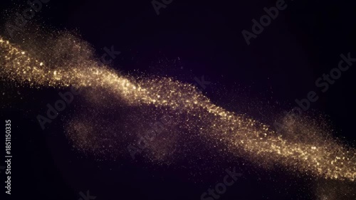 Golden Glittering Particles Flowing on Dark Background.