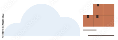 Cloud shape next to stacked brown boxes suggests digital storage concept. Ideal for technology, cloud computing, data organization, online storage, efficiency, logistics, digital transformation